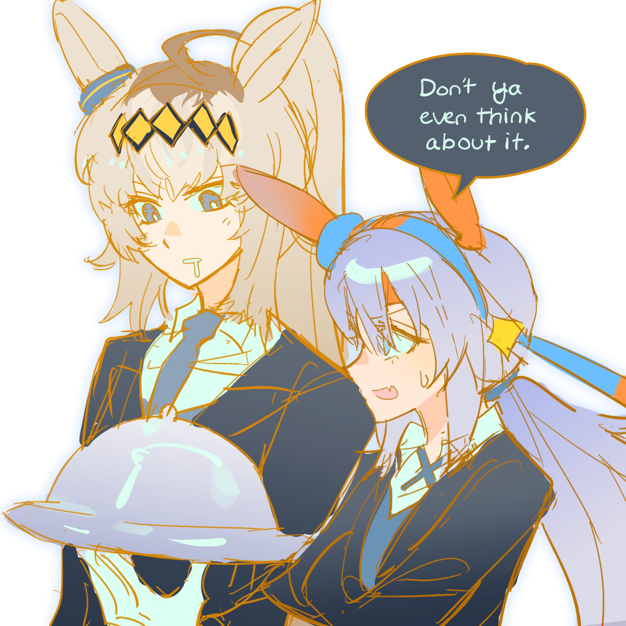 emlynmoon, oguri cap (umamusume), tamamo cross (umamusume), umamusume, umamusume: cinderella gray, highres, 2girls, ahoge, animal ears, black jacket, black necktie, blue eyes, blue hairband, butler, collared shirt, drooling, ear covers, ear ornament, english text, fang, gloves, grey hair, hair between eyes, hair ornament, hairband, headband, holding, holding tray, horse ears, horse girl, jacket, long hair, long sleeves, mouth drool, multiple girls, necktie, open mouth, red headband, shirt, skin fang, speech bubble, striped clothes, striped hairband, sweatdrop, tray, upper body, very long hair, white gloves, white shirt