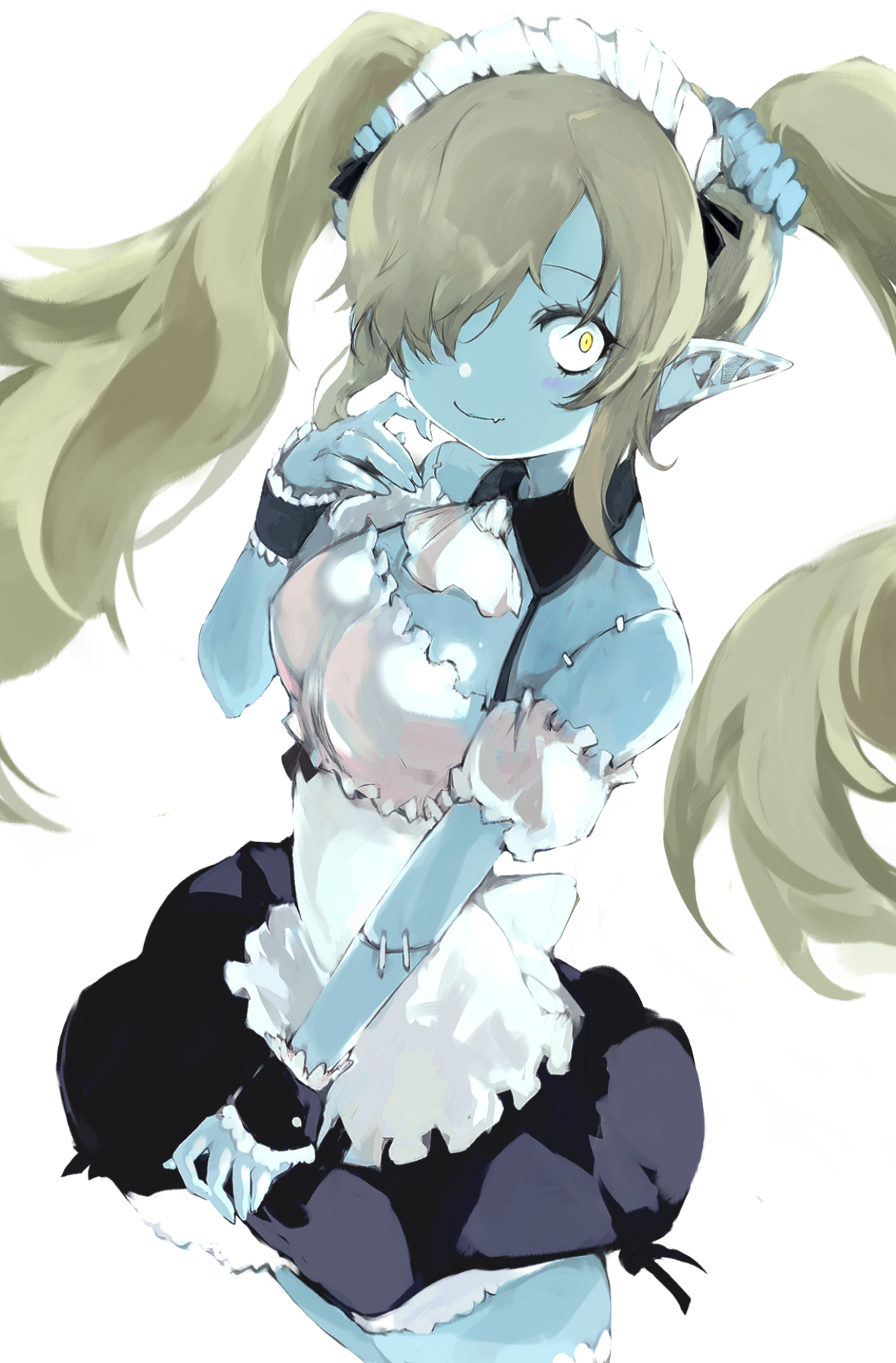 tsutsugano, maid (disgaea), disgaea, makai senki disgaea 5, highres, 1girl, armlet, bare shoulders, black skirt, blue scrunchie, blue skin, blush, breasts, colored skin, constricted pupils, cowboy shot, detached collar, fang, hair ornament, hair over one eye, hair scrunchie, hand up, jewelry, long hair, looking at viewer, maid, maid headdress, pointy ears, scrunchie, sidelocks, simple background, skirt, small breasts, smile, solo, standing, stitched arm, stitches, twintails, white background, wrist cuffs, yellow eyes, zombie