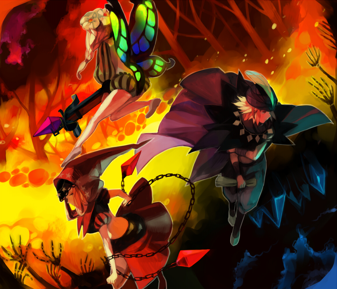 kawwa, ingway (odin sphere), mercedes (odin sphere), velvet (odin sphere), odin sphere, bad id, bad pixiv id, 1boy, 2girls, bow (weapon), butterfly wings, chain, crossbow, fairy, flower, hat, hat feather, hood, insect wings, multiple girls, pointy ears, puff and slash sleeves, puffy shorts, puffy sleeves, shorts, skeleton, weapon, wings