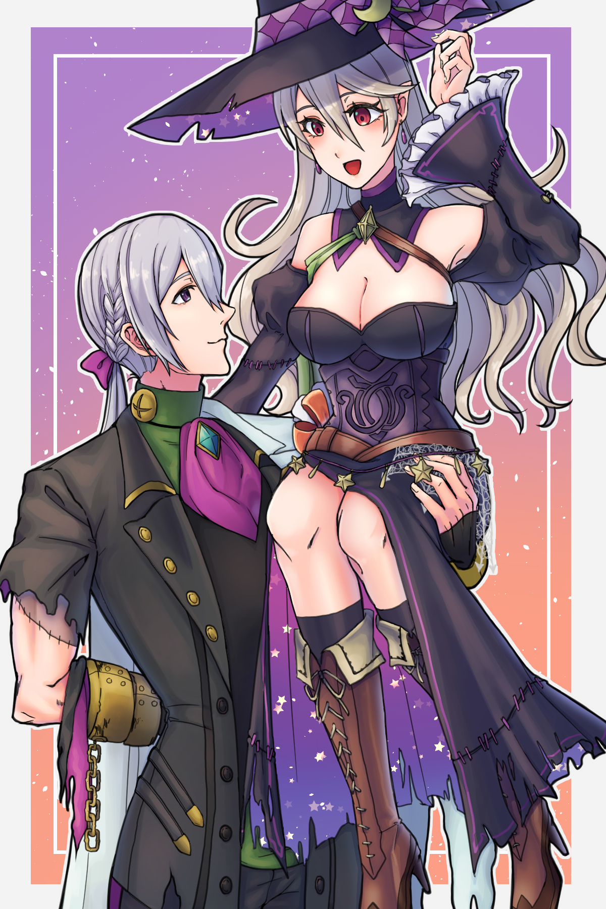 yuki12046, female corrin (fire emblem), female corrin (halloween) (fire emblem), jakob (devoted monster) (fire emblem), jakob (fire emblem), fire emblem, fire emblem fates, fire emblem heroes, nintendo, highres, 1boy, 1girl, armpits, bare shoulders, breasts, cleavage, couple, crescent, crescent hat ornament, crossed belts, earrings, green sash, halloween, halloween costume, hat, hat ornament, hetero, jewelry, large breasts, long hair, official alternate costume, pointy ears, red eyes, sash, smile, stitches, witch, witch hat, zombie