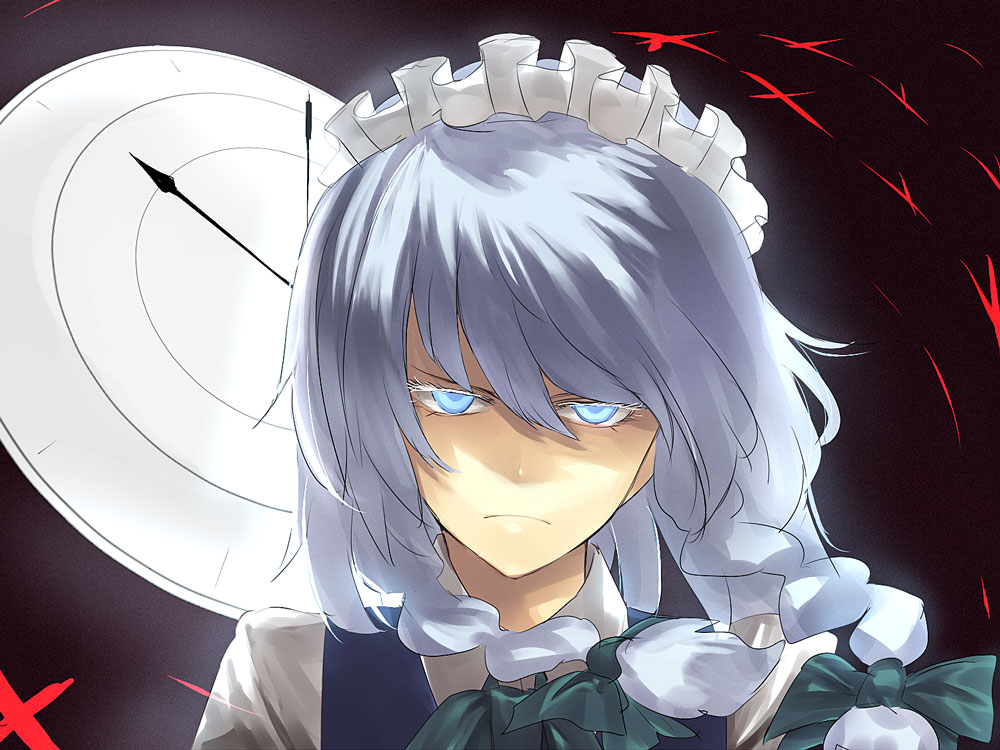 hama (22ji kara 24ji), hama (ar tonelico), izayoi sakuya, touhou, silver hair, 1girl, blue eyes, braid, clock, colored eyelashes, eyelashes, female focus, glaring, short hair, solo, twin braids