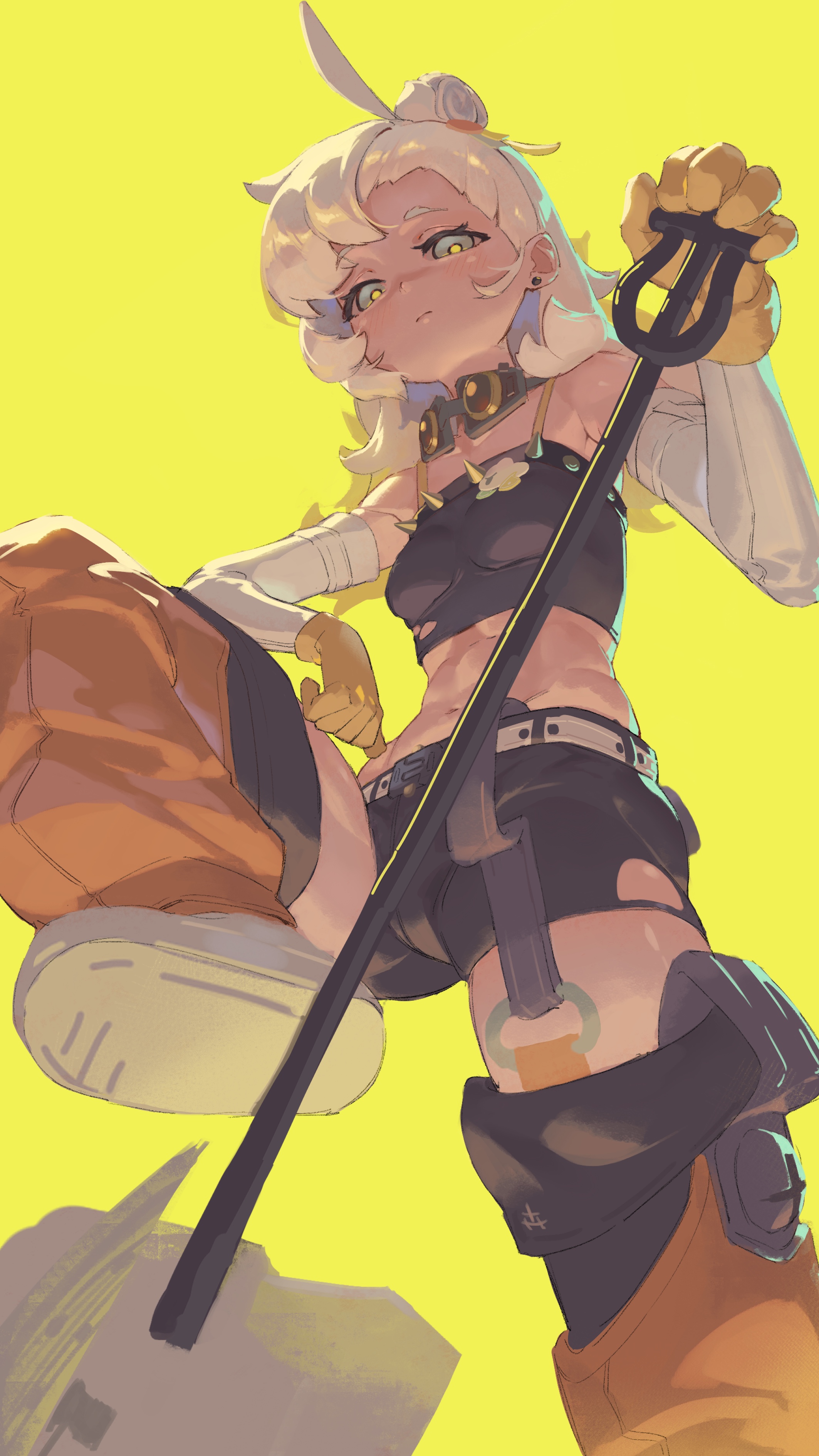 ae h1ryu, piper wheel, zenless zone zero, absurdres, highres, 1girl, black shorts, black tube top, blonde hair, blush, breasts, closed mouth, crop top, detached pants, detached sleeves, earrings, from below, gloves, goggles, goggles around neck, hair ornament, holding, holding shovel, jewelry, leg up, looking at viewer, looking down, midriff, navel, orange pants, pants, shoes, shorts, shovel, solo, spiked shirt, standing, standing on one leg, stomach, strapless, tube top, white eyes, white shoes, white sleeves, yellow background, yellow gloves, yellow pupils