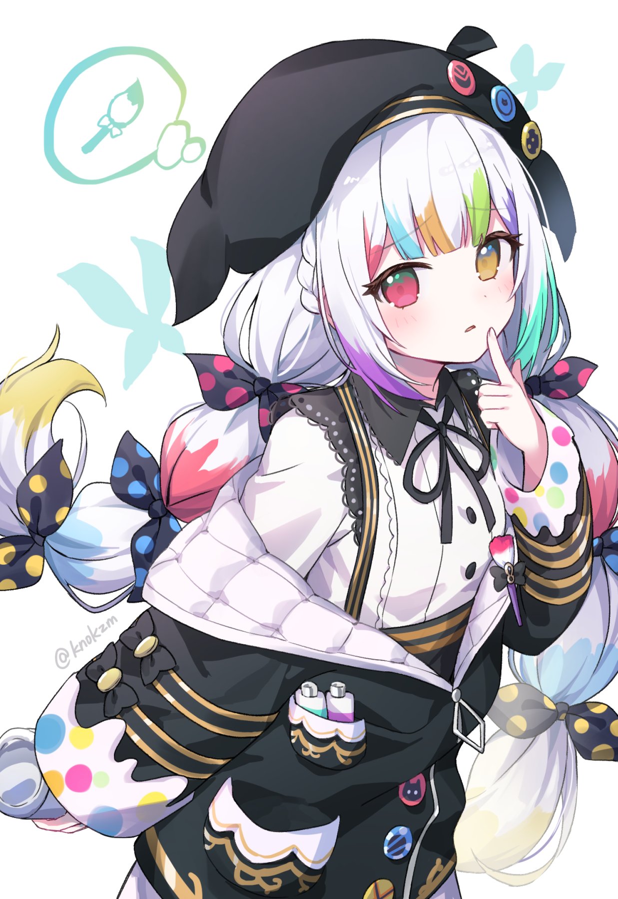 knokzm, jogasaki noah, mahou shoujo no majo saiban, highres, 1girl, aqua butterfly, arm behind back, artist painter, beret, bow, finger to own chin, hat, heterochromia, holding, holding spray can, long hair, looking at viewer, magical girl, multi-tied hair, paint tube, paintbrush, parted lips, polka dot, polka dot bow, red eyes, simple background, solo, spray can, thinking, very long hair, white background, white hair, yellow eyes