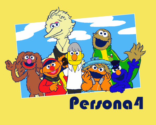 cujo, amagi yukiko, bert, big bird, cookie monster, elmo, ernie, grover, hanamura yousuke, kujikawa rise, narukami yu, oscar the grouch, satonaka chie, shirogane naoto, tatsumi kanji, atlus, persona, persona 4, sesame street, resized, buttons, cosplay, crossover, dress shirt, hat, headphones, headphones around neck, jacket, parody, pixiv thumbnail, scar, school uniform, shirt, tank top, trash can, trashcan lid, twintails