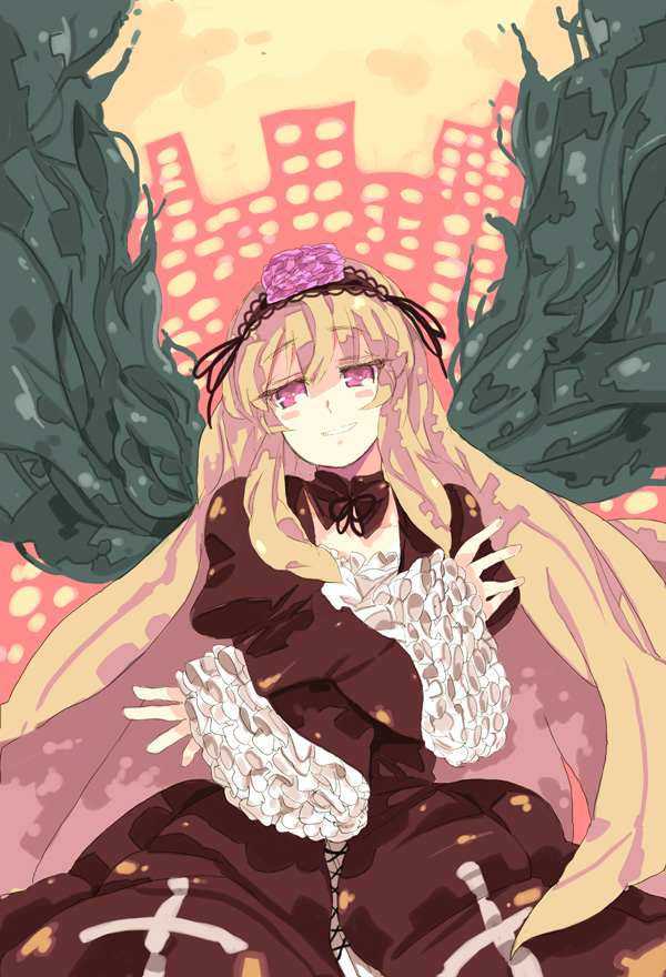 umitsuki, suigintou, rozen maiden, 00s, 1girl, black dress, blonde hair, blush, cityscape, cowboy shot, dress, female focus, frilled sleeves, frills, head tilt, long hair, long sleeves, looking at viewer, pink eyes, solo, very long hair, x arms