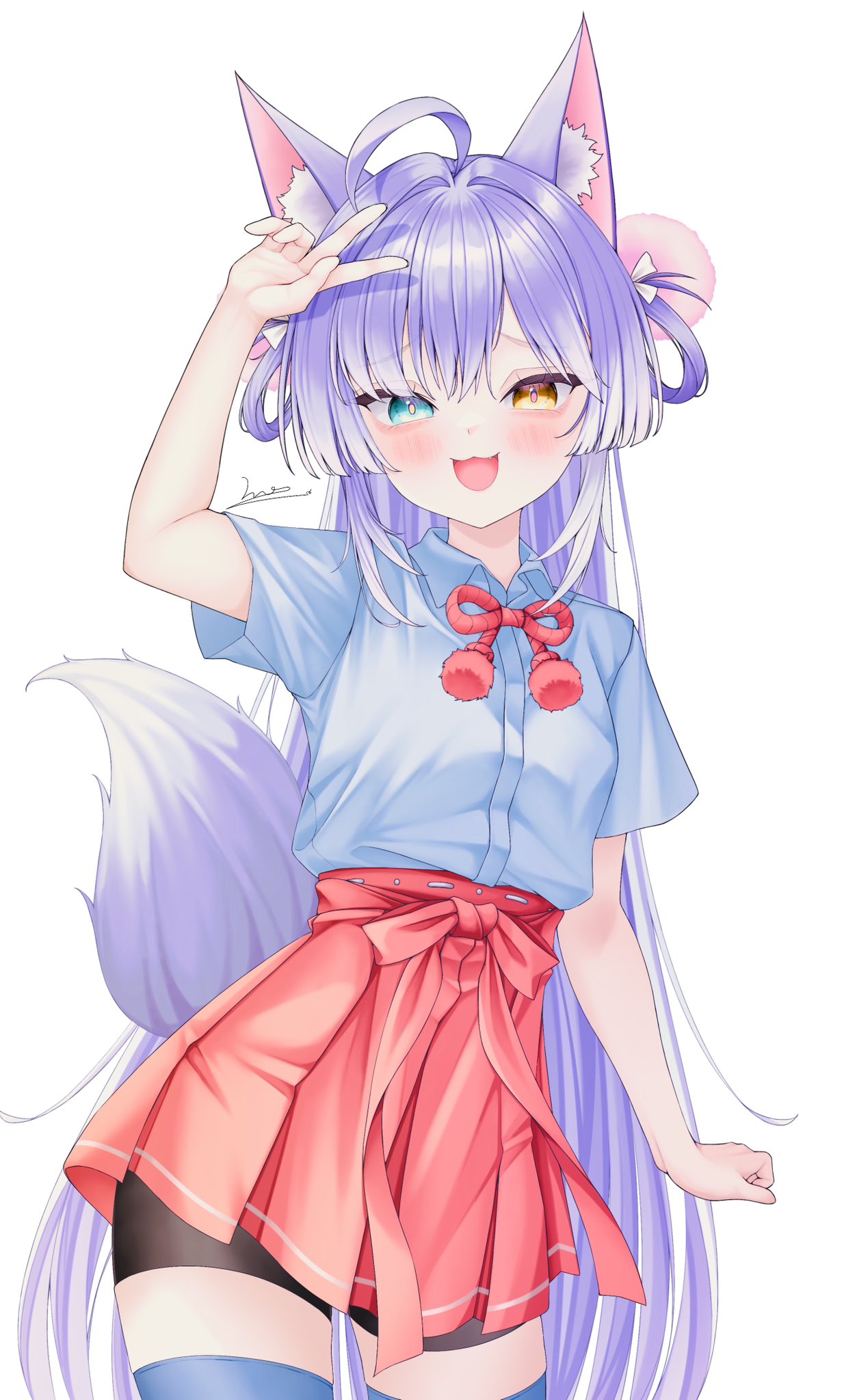 vini (frisco), tenko shibuki, stellive, commentary request, highres, korean commentary, 1girl, ahoge, animal ear fluff, animal ears, aqua eyes, arm at side, arm up, bike shorts, bike shorts under skirt, blue shirt, blush, bright pupils, collared shirt, cowboy shot, fang, heterochromia, long hair, looking at viewer, open mouth, orange eyes, orange pupils, parted bangs, pink pupils, pleated skirt, purple hair, purple tail, raised inner eyebrows, red skirt, shirt, shirt tucked in, short sleeves, simple background, skirt, smile, solo, standing, tail, v, very long hair, virtual youtuber, white background, wing collar