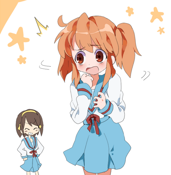 izumi minami, asahina mikuru, suzumiya haruhi, suzumiya haruhi no yuuutsu, 00s, 2girls, :o, alternate costume, black skirt, brown hair, cowboy shot, hairband, long sleeves, multiple girls, official alternate hairstyle, open mouth, orange hair, sailor collar, school uniform, serafuku, simple background, skirt, standing, twintails, white background