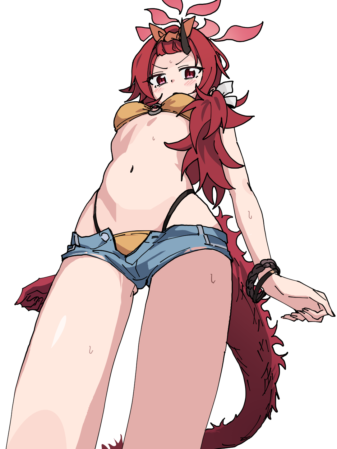 momomatang, renge (blue archive), renge (swimsuit) (blue archive), blue archive, commentary request, highres, 1girl, arms at sides, bikini, black horns, blush, denim, denim shorts, dragon girl, dragon horn, dragon tail, feet out of frame, forehead, foreshortening, from below, hair slicked back, hairband, halo, highleg, highleg bikini, horns, long hair, looking at viewer, looking down, micro shorts, navel, o-ring, o-ring bikini, o-ring top, official alternate costume, orange bikini, orange hairband, red eyes, red halo, red tail, short shorts, shorts, simple background, single horn, slit pupils, solo, stomach, sweat, swimsuit, tail, v-shaped eyebrows, white background