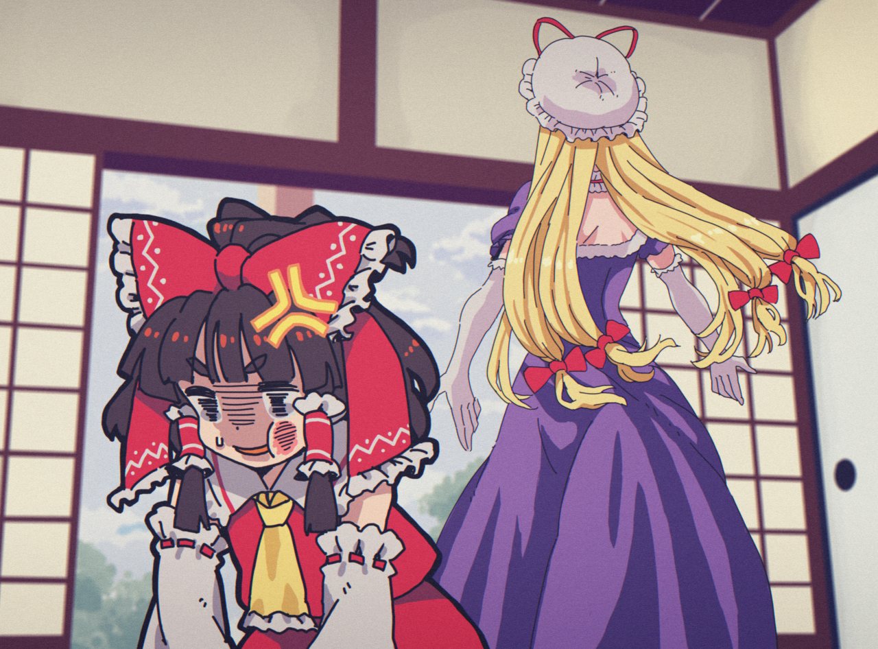 jean (jean sp), hakurei reimu, yakumo yukari, touhou, commentary request, 2girls, anger vein, ascot, back, bare shoulders, blonde hair, bow, brown hair, bruise, bruise on face, detached sleeves, dress, elbow gloves, gloom (expression), gloves, hair ribbon, hair tubes, hat, indoors, injury, long hair, mob cap, multiple girls, purple dress, red bow, red shirt, red skirt, ribbon, shirt, short sleeves, skirt, sleeveless, sleeveless shirt, sliding doors, white gloves, yellow ascot