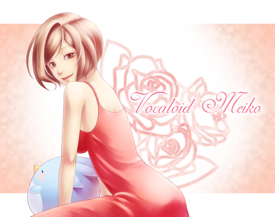 kuro i, kuroi nyan, meiko (vocaloid), vocaloid, 1girl, bird, character name, copyright name, female focus, penguin, short hair, solo