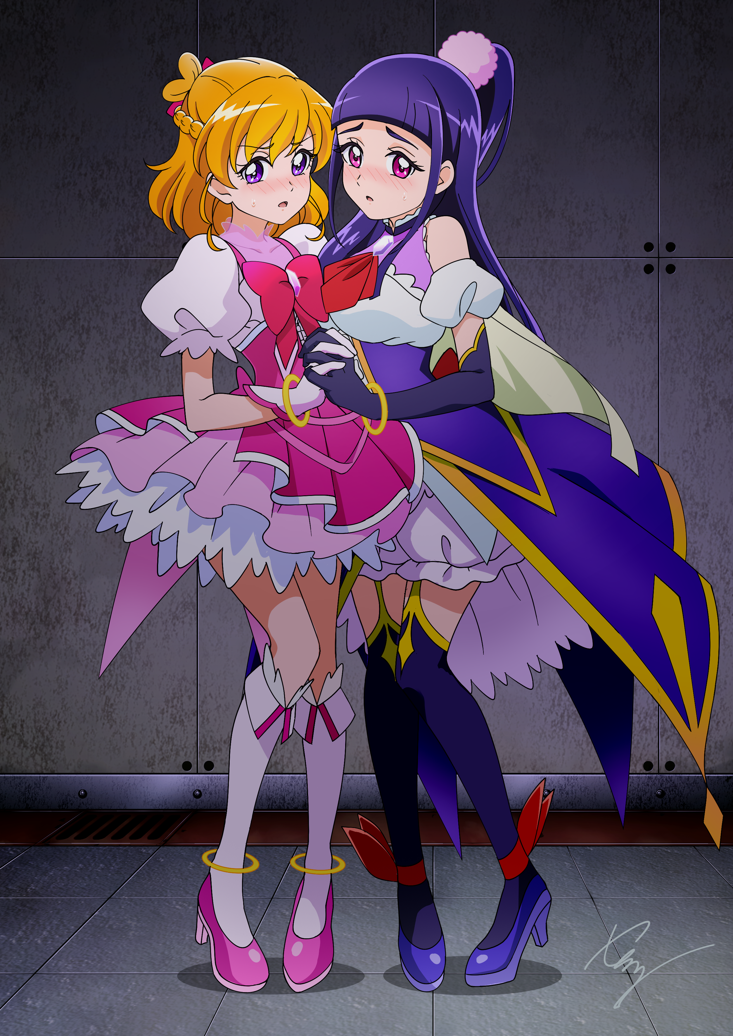 tirofinire, asahina mirai, cure magical, cure miracle, izayoi liko, mahou girls precure!, mahou girls precure!! mirai days, precure, absurdres, highres, 2girls, black thighhighs, blonde hair, blush, boots, breasts, cosplay, cure magical (cosplay), cure miracle (cosplay), diamond brooch, dress, framed breasts, full body, gloves, hair ornament, indoors, long hair, looking at viewer, magical girl, medium breasts, multiple girls, open mouth, purple eyes, self cosplay, short hair, signature, thighhighs, white gloves