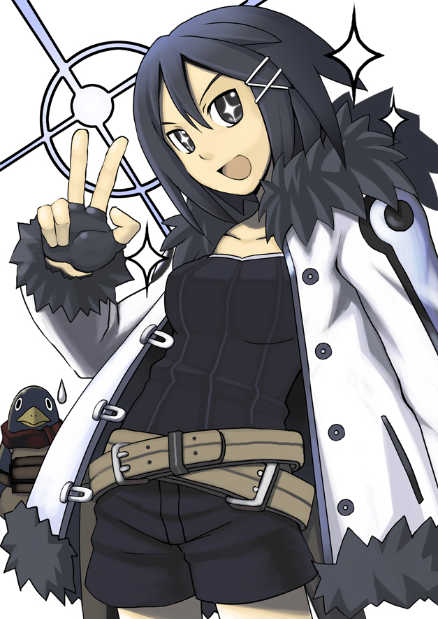 aroha j, asagiri asagi, prinny, disgaea, nippon ichi, phantom kingdom, prinny (series), prinny can i really be the hero?, prinny ~ore ga shujinkou de iinsuka?~, 1girl, belt, coat, female focus, fingerless gloves, fur coat, gloves, hair ornament, hairclip, jacket, prinny (seres), shorts, solo, sparkle