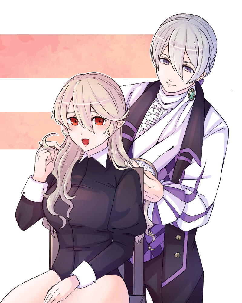 yuki12046, female corrin (fire emblem), jakob (fire emblem), fire emblem, fire emblem fates, nintendo, 1boy, 1girl, breasts, brushing another's hair, brushing hair, couple, grey hair, large breasts, long hair, looking at viewer, pointy ears, red eyes, thick thighs, thighs