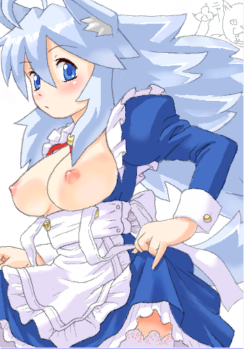 mu-pyon, futaba channel, 1girl, ahoge, animal ears, blue eyes, blue hair, blush, borrowed character, breasts, dress, female focus, large breasts, long hair, maid, matching hair/eyes, nipples, pinky out, solo, thighhighs