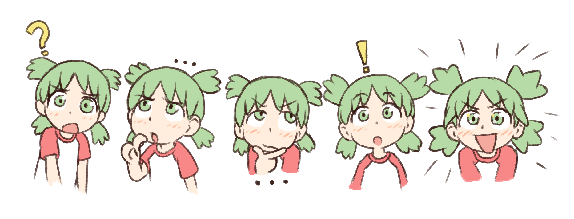 beachepisode, koiwai yotsuba, yotsubato!, highres, !, …, 1girl, :d, :o, ?, blush, cropped torso, dot nose, green eyes, green hair, hand on own chin, index finger raised, multiple views, open mouth, quad tails, raglan sleeves, red sleeves, shirt, short sleeves, simple background, smile, t-shirt, thinking, white background, white shirt