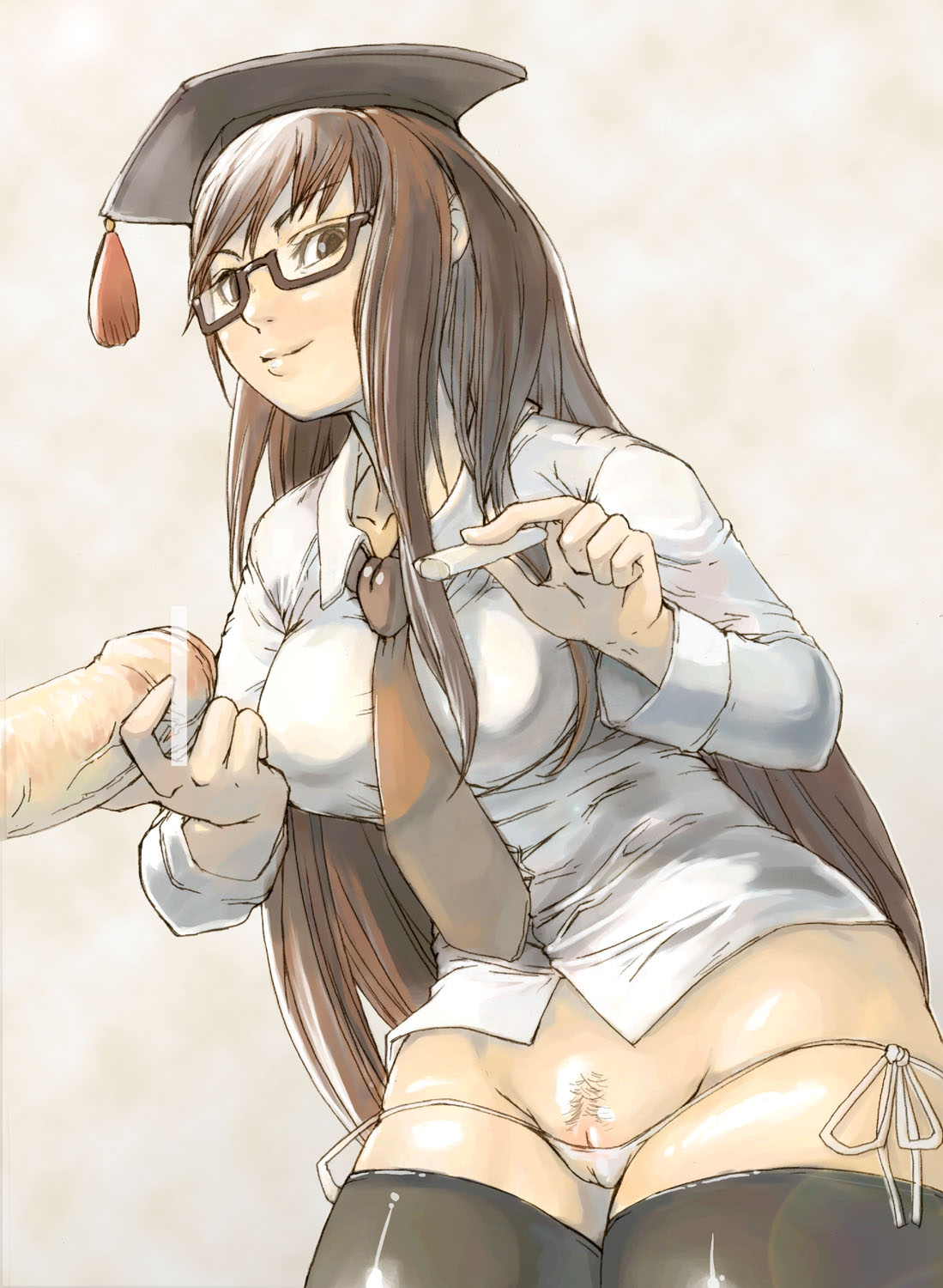 suikyou, xin xianying, sangokushi taisen, bad id, bad pixiv id, highres, 1girl, black thighhighs, bottomless, breasts, brown-framed eyewear, brown eyes, brown hair, cameltoe, censored, chalk, cleavage, cleft of venus, female pubic hair, glasses, handjob, hat, large breasts, large penis, leaning forward, long hair, lowleg, lowleg panties, mortarboard, necktie, no pants, out of frame, panties, penis, pointless censoring, pubic hair, pussy, pussy peek, semi-rimless eyewear, shirt, side-tie panties, smile, solo focus, teacher, thighhighs, underwear, very long hair, white panties