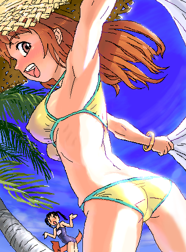 mu-pyon, lowres, 2girls, armpits, ass, bikini, blush, breasts, brown hair, covered erect nipples, day, happy, hat, large breasts, long hair, multiple girls, oekaki, outstretched arms, spread arms, straw hat, swimsuit, underboob
