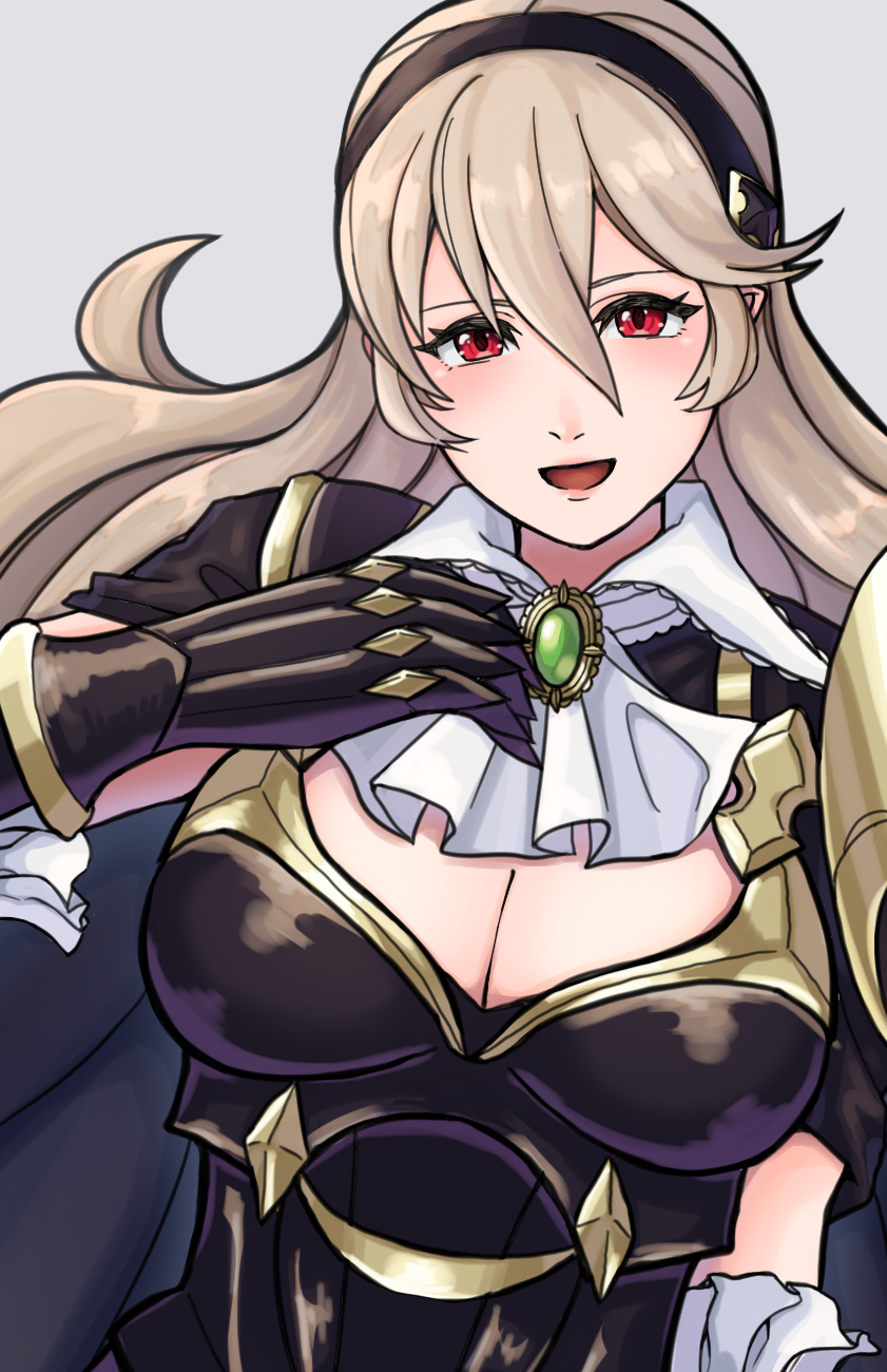 yuki12046, female corrin (fire emblem), female corrin (nohr noble) (fire emblem), fire emblem, fire emblem fates, fire emblem heroes, nintendo, highres, 1girl, armor, armored leotard, black armor, black hairband, breasts, cleavage, gloves, grey hair, hair between eyes, hairband, hand on own chest, large breasts, leotard, long hair, looking at viewer, official alternate costume, pointy ears, red eyes, smile, solo, toeless legwear, torn clothes, torn leotard, upper body