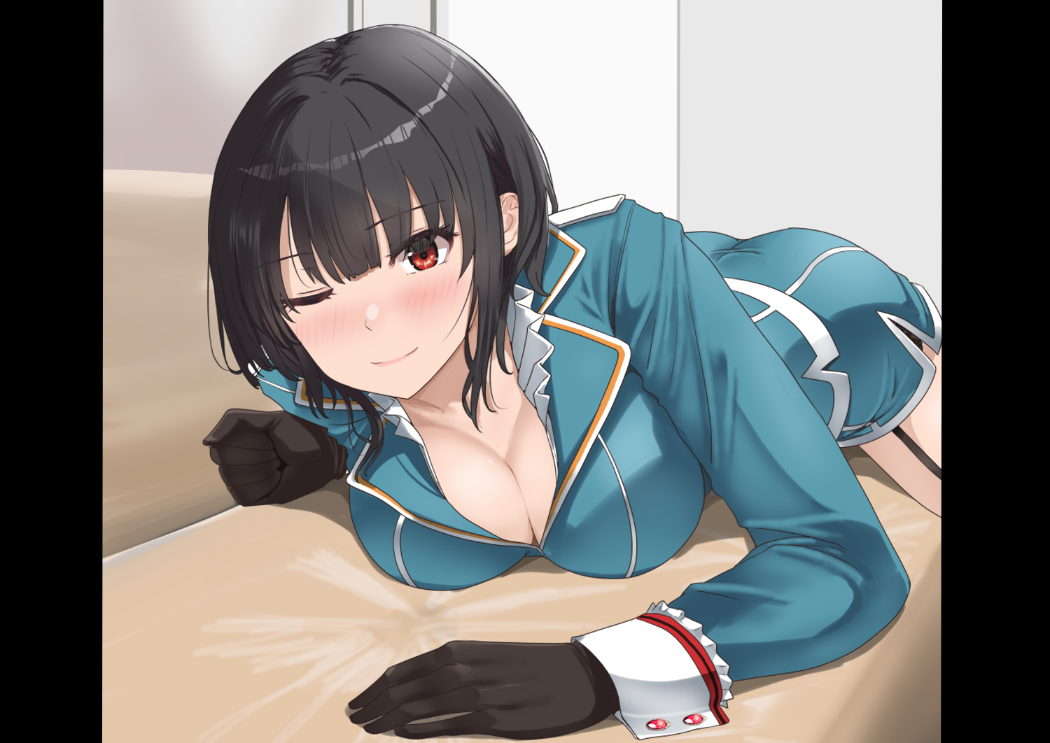 jouzaburou (joe3), takao (kancolle), kantai collection, check translation, translation request, 1girl, bed, black gloves, black hair, blue jacket, blue skirt, breasts, cleavage, garter straps, gloves, jacket, large breasts, lying, military uniform, on stomach, one eye closed, pillarboxed, red eyes, short hair, skirt, smile, solo