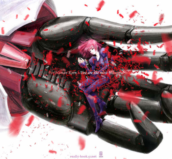 chongzhenzi, haman karn, qubeley, gundam, zeta gundam, closed eyes, mecha, petals, pink hair, robot, short hair
