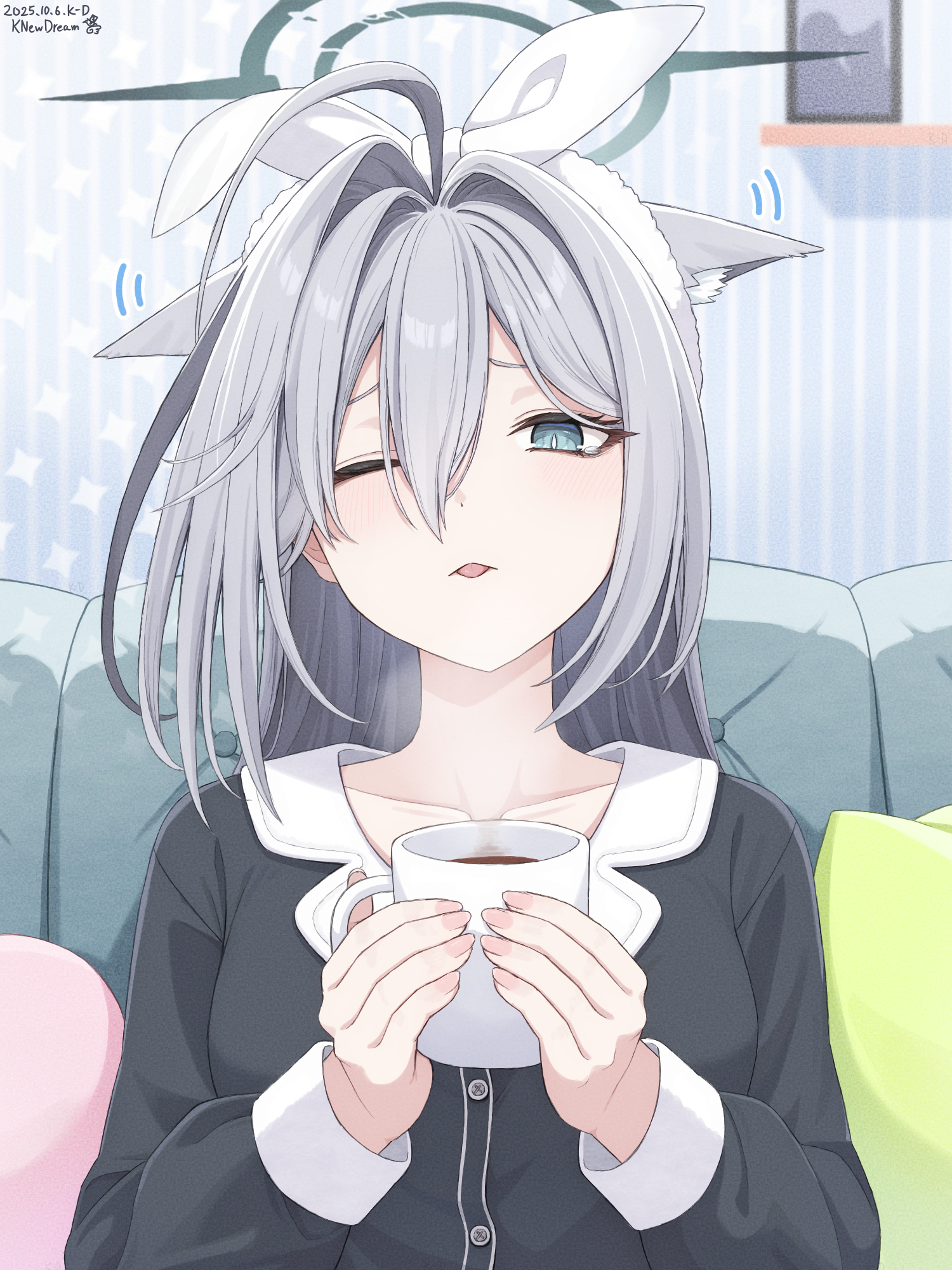 k-d, shiroko terror (blue archive), blue archive, commentary, highres, 1girl, ;<, ;p, ahoge, animal ear fluff, animal ears, artist name, black shirt, blue eyes, cat's tongue, collarbone, couch, cup, dated, ears down, extra ears, grey hair, hair between eyes, halo, holding, holding cup, hot chocolate, indoors, long hair, long sleeves, looking at viewer, mug, one eye closed, pillow, shirt, solo, straight-on, tearing up, tongue, tongue out, upper body, wince, wolf ears
