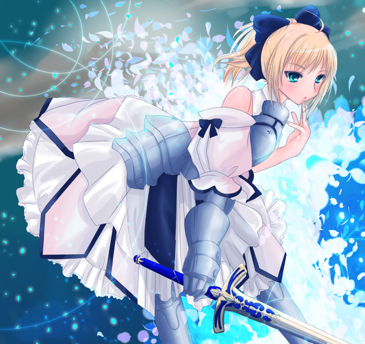 mahouni, artoria pendragon (fate), saber (fate), saber lily, capcom, fate/stay night, fate/unlimited codes, fate (series), 00s, 1girl, ahoge, armor, armored dress, blonde hair, blue eyes, bow, dress, female focus, hair bow, ponytail, solo, sword, weapon