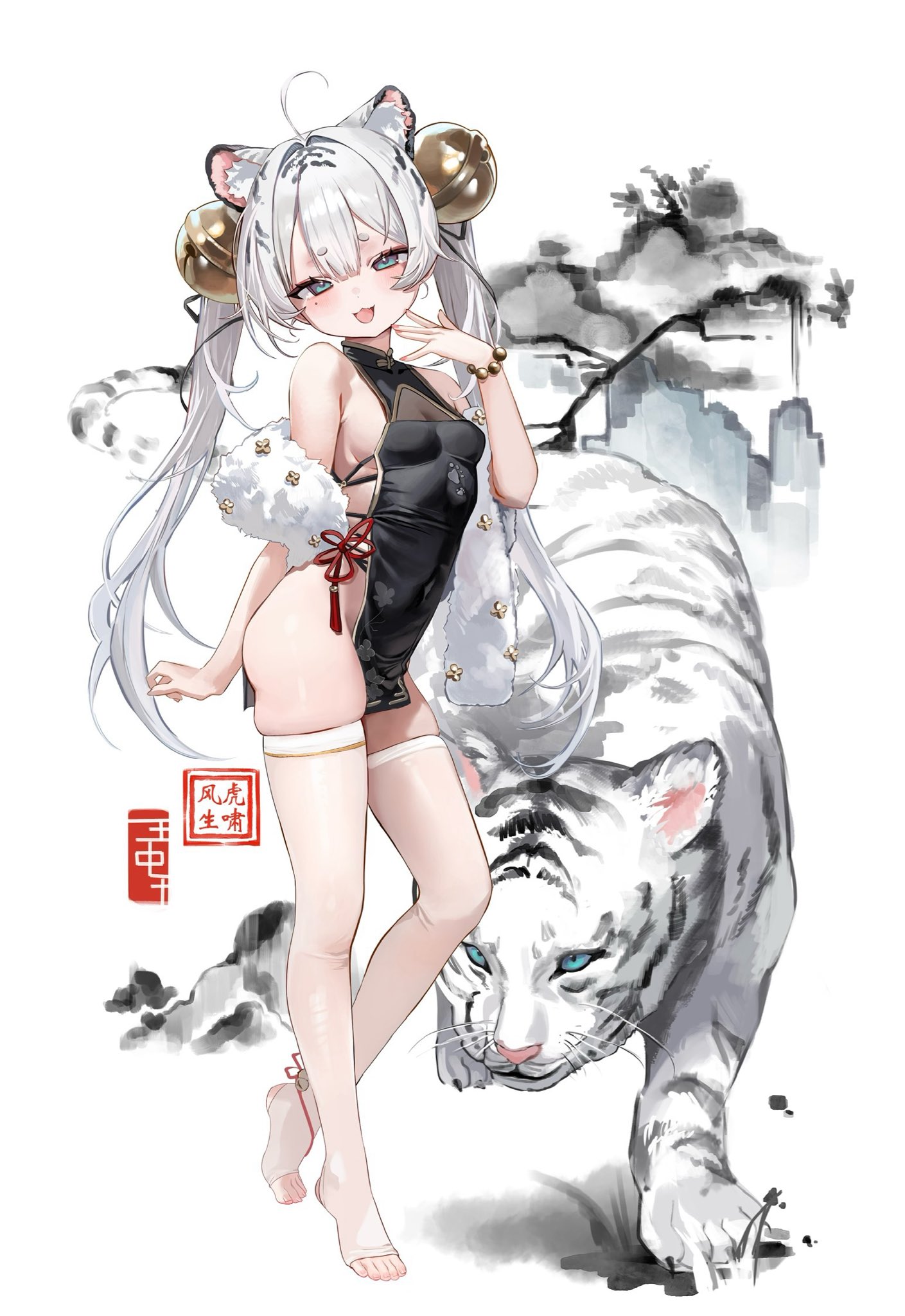 riko (rik0ring), original, commentary request, highres, 1girl, :3, ahoge, animal ear fluff, animal ears, arm at side, bell, black dress, blush, breasts, center-flap bangs, china dress, chinese clothes, covered navel, double-parted bangs, dress, full body, fur shawl, grey eyes, grey hair, hair bell, hair intakes, hair ornament, hand up, long hair, looking at viewer, mole, mole under eye, no shoes, open mouth, shawl, sideboob, sideless dress, simple background, skindentation, small breasts, smile, solo, standing, thighhighs, tiger, toeless legwear, twintails, very long hair, white background, white thighhighs