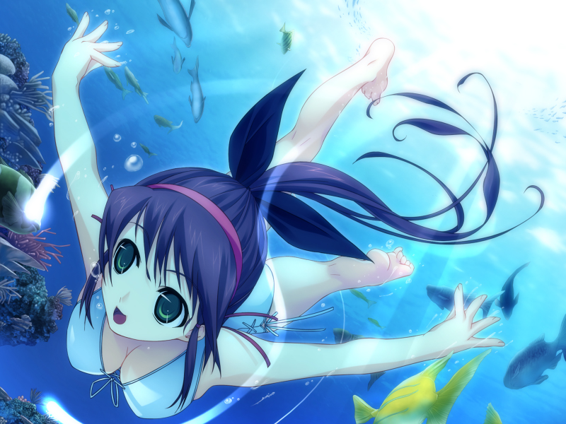 murakami suigun, oriyama nayuri, silvery white, game cg, 1girl, :d, barefoot, blue hair, breasts, cleavage, feet, female focus, fish, freediving, green eyes, hairband, long hair, open mouth, ponytail, smile, soles, solo, swimming, swimsuit, toes, underwater, water
