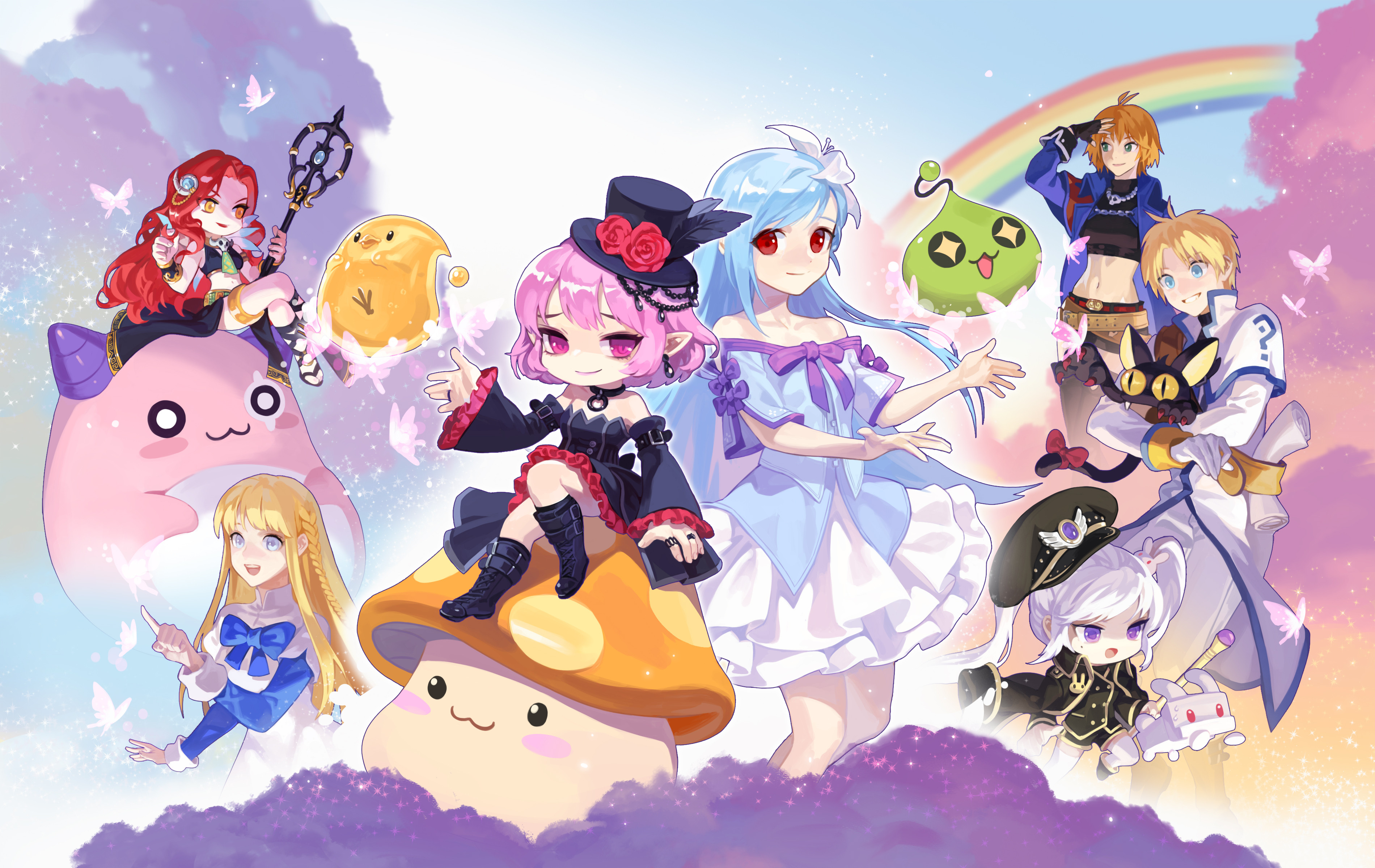 sang ah yoon, benya (tales weaver), hilla (maplestory), lucian kaltz, lucid (maplestory), mila nebraska, orchid (maplestory), pink bean, slime (maplestory), tichiel juspian, maplestory, nexon, tales weaver, absurdres, commentary, english commentary, highres, official art, + +, 1boy, 6+girls, :3, albino, animal, ankle boots, antenna hair, aqua eyes, aqua hair, aqua jacket, aqua pupils, aqua shirt, belt, belt buckle, bike shorts, bird, black belt, black boots, black cat, black choker, black coat, black eyes, black feathers, black gloves, black hat, black jacket, black sarong, black shirt, black shorts, black sleeves, black tail, blonde hair, blue gemstone, blue sky, blue sleeves, boots, bow, braid, breasts, buckle, bug, butterfly, buttons, capelet, cat, chain, chasing, choker, claws, closed mouth, coat, coat on shoulders, collarbone, collared capelet, collared coat, colored sclera, colorful, colorful background, company connection, crop top, cropped shirt, crossed belts, crossed legs, crossover, detached sleeves, double-breasted, dress, dress bow, earrings, fangs, feathers, fingerless gloves, flower, frilled dress, frilled sleeves, frills, gem, gladiator sandals, gloves, gold buttons, green eyes, grin, hair flower, hair intakes, hair ornament, hat, hat feather, hat flower, high collar, holding, holding animal, holding cat, holding staff, impasto, insect, jacket, jellyppi, jewelry, lapels, layered dress, layered sleeves, leg belt, light blush, lips, long hair, long sidelocks, long sleeves, looking at viewer, map, medium breasts, medium dress, medium hair, midriff, military coat, military hat, military jacket, military uniform, minae, mini hat, mini top hat, mole, mole under eye, monster, multiple girls, narrow waist, navel, necklace, notched lapels, o-ring, o-ring choker, o-ring strap, off-shoulder shirt, off shoulder, on mushroom, open hands, open mouth, orange mushroom (maplestory), pants, peaked cap, pink butterfly, pink eyes, pink hair, pink wings, plain epaulettes, pocket, pointy ears, purple bow, purple eyes, purple gemstone, purple pupils, purple ribbon, rabbit hair ornament, rabbit ornament, rainbow, red belt, red bow, red claws, red eyes, red flower, red lips, red rose, ribbon, rose, sandals, sarong, shirt, shirt ribbon, short over long sleeves, short sleeves, shorts, side-by-side, sidelocks, silver chain, single braid, skull necklace, sky, sleeve belt, sleeve bow, sleeve cuffs, slit pupils, smile, staff, straight hair, strapless, strapless dress, strapless shirt, tail, tail bow, tail ornament, teardrop earrings, thigh boots, thighhighs, thighlet, top hat, transparent wings, turtleneck, turtleneck shirt, twintails, twirling hair, two-tone wings, very long hair, wavy hair, white butterfly, white capelet, white coat, white dress, white flower, white gloves, white hair, white pants, white rabbit (animal), white sleeves, white thighhighs, white wings, wide sleeves, wings, wrist guards, yellow belt, yellow eyes, yellow pupils, yellow sclera, yellow trim