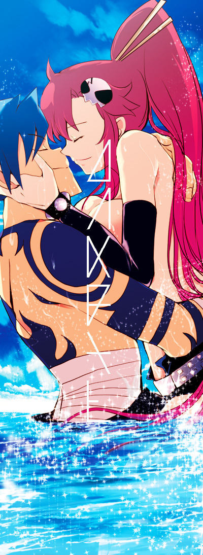 soyoking, kamina (ttgl), yoko littner, tengen toppa gurren lagann, long image, tall image, 00s, 1boy, 1girl, bandages, blue hair, bodypaint, breasts, closed eyes, couple, fingerless gloves, gloves, hair ornament, hetero, holding, nipples, ponytail, red hair, sarashi, sparkle, topless female, water