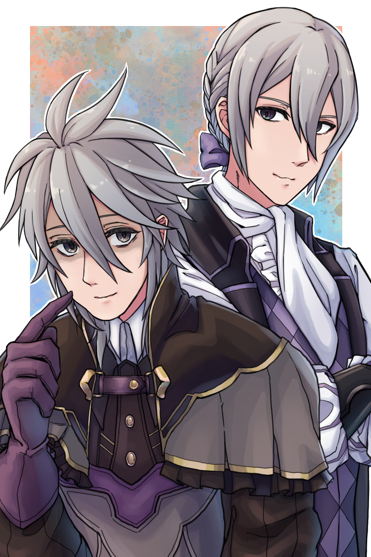 yuki12046, dwyer (fire emblem), jakob (fire emblem), fire emblem, fire emblem fates, nintendo, highres, 2boys, closed mouth, father and son, gloves, grey eyes, grey hair, hair between eyes, hair ribbon, male focus, multiple boys, purple gloves, purple ribbon, ribbon, smile
