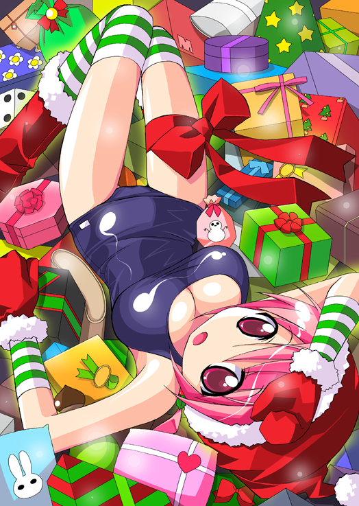 kazakami shun, original, christmas, gift, one-piece swimsuit, school swimsuit, solo, striped clothes, striped thighhighs, swimsuit, thigh gap, thighhighs, thighs