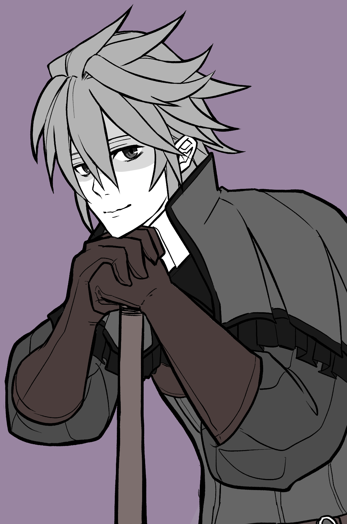yuki12046, dwyer (fire emblem), fire emblem, fire emblem fates, nintendo, highres, 1boy, aristocratic clothes, butler, closed mouth, grey eyes, grey hair, hair between eyes, looking at viewer, male focus, smile, solo, staff