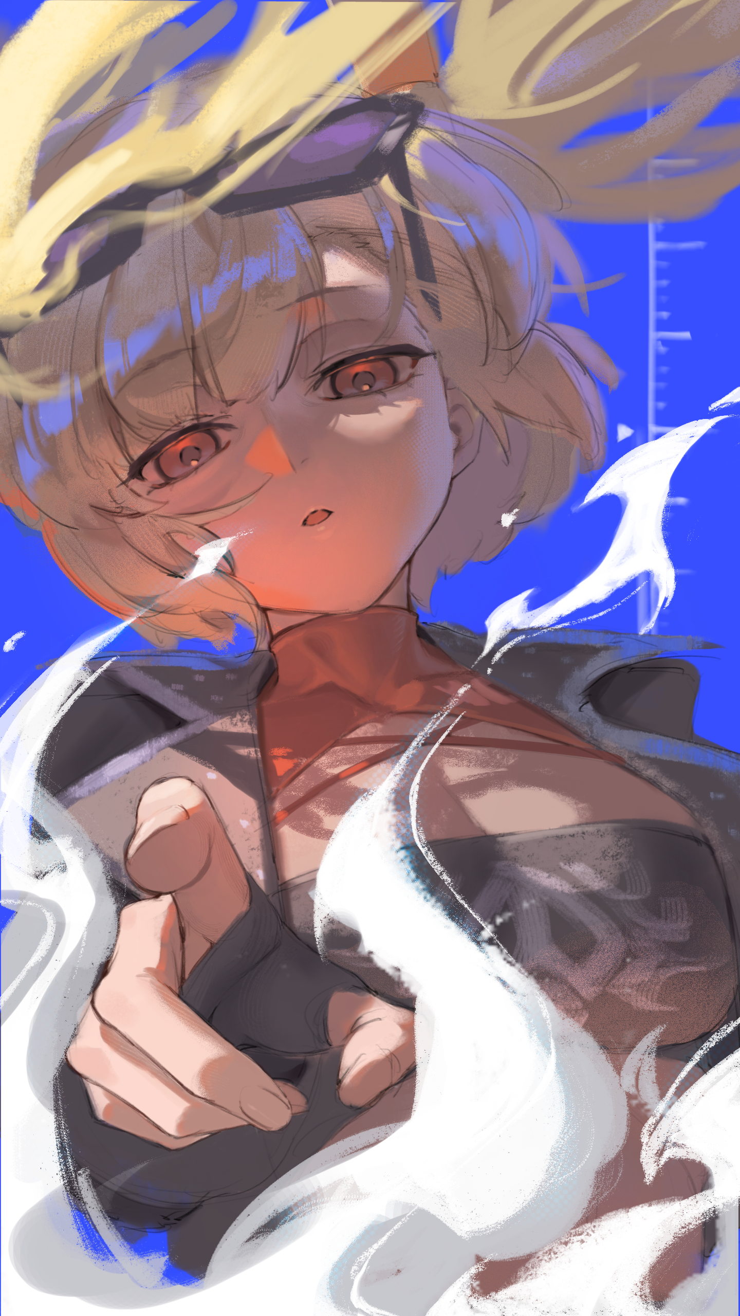 ae h1ryu, burnice white, zenless zone zero, absurdres, highres, 1girl, black jacket, black tube top, blonde hair, blue background, breasts, cleavage, crop top, eyewear on head, fingerless gloves, gloves, hair ornament, head tilt, jacket, open mouth, pointing, pointing at viewer, purple-tinted eyewear, red eyes, short twintails, smoke, solo, strapless, sunglasses, tinted eyewear, tube top, twintails