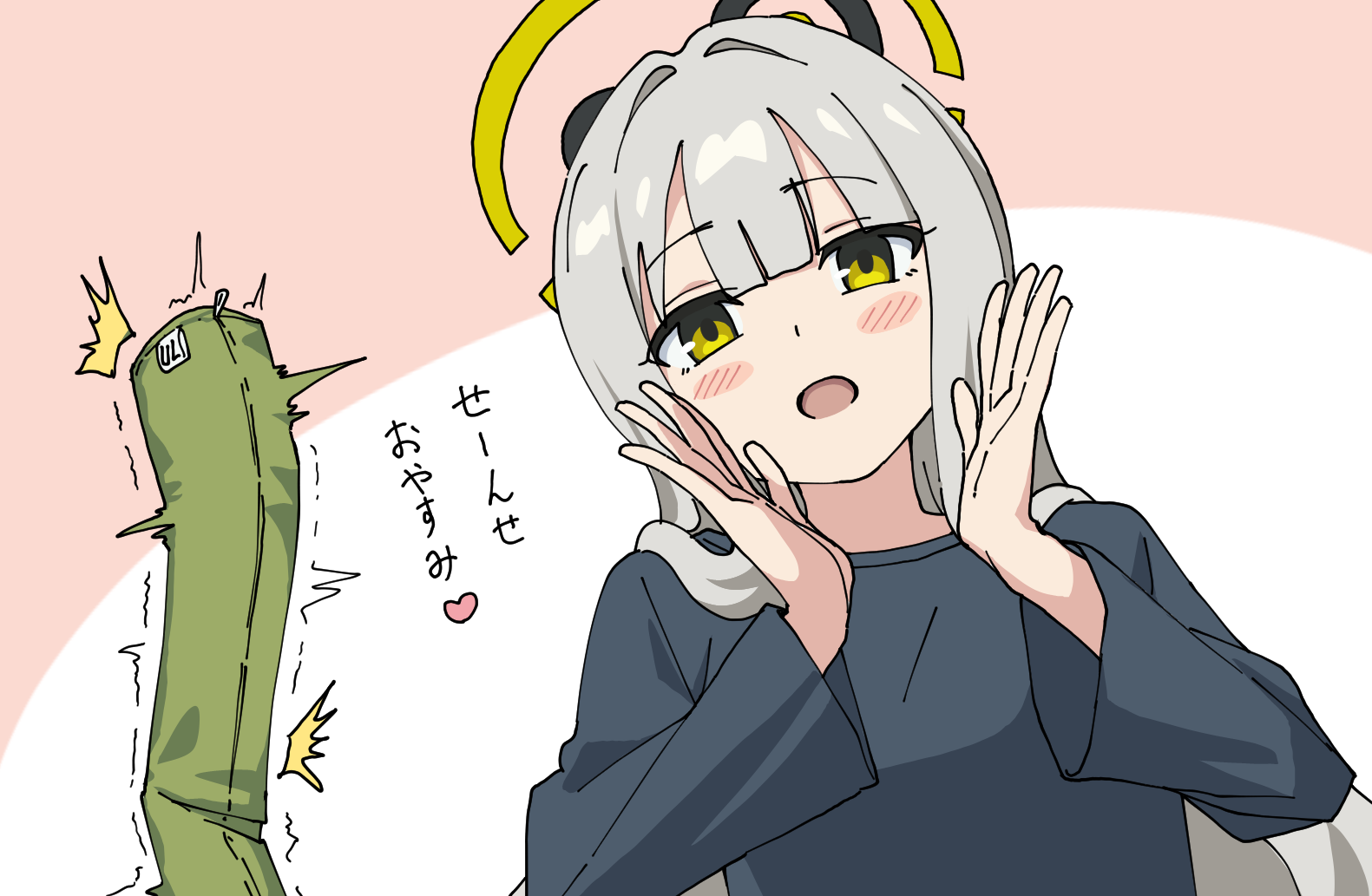 momomatang, hare (blue archive), hare (pajamas) (blue archive), sensei (blue archive), blue archive, commentary request, translated, 1girl, 1other, :d, ^^^, black pajamas, blunt bangs, blush stickers, body pillow, grey hair, hair down, hair intakes, hair over shoulder, halo, hands up, heart, long hair, long sleeves, looking at viewer, official alternate costume, official alternate hairstyle, open mouth, pajamas, pillow, pink background, simple background, smile, solo focus, trembling, two-tone background, upper body, white background, wide sleeves, yellow eyes, yellow halo, zipper