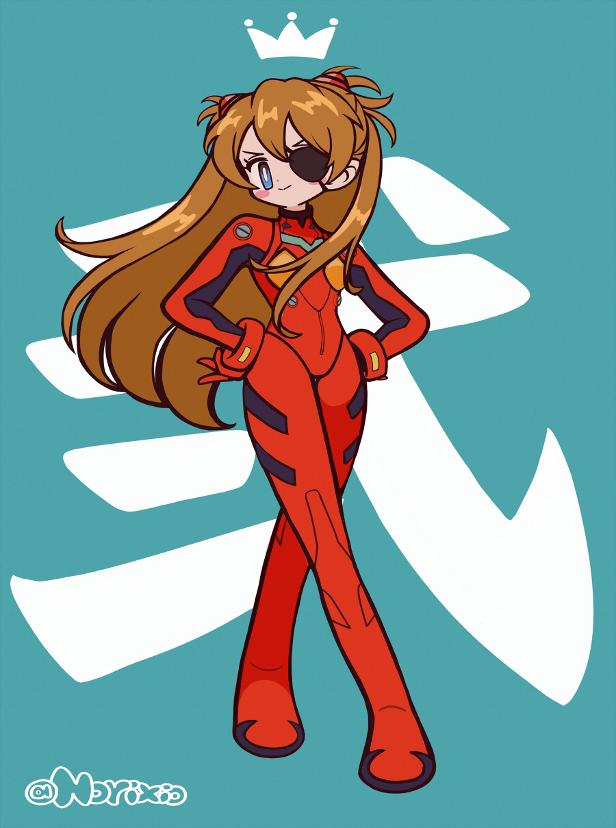 norixio, souryuu asuka langley, neon genesis evangelion, highres, 1girl, artist name, blue eyes, bodysuit, drawn crown, eyepatch, full body, hands on own hips, interface headset (evangelion), long hair, looking at viewer, mecha pilot suit, plugsuit (evangelion), red bodysuit, red hair, solo, standing