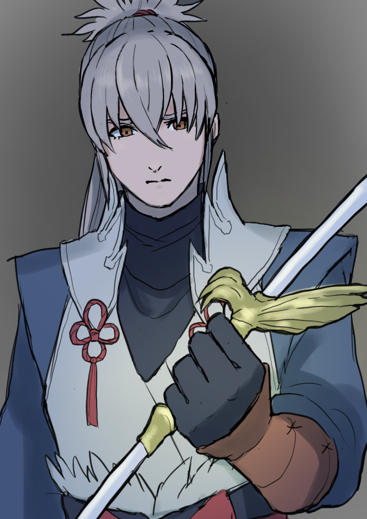 yuki12046, takumi (fire emblem), fire emblem, fire emblem fates, nintendo, highres, 1boy, bow (weapon), fujin yumi (fire emblem), grey hair, holding, holding bow (weapon), holding weapon, japanese clothes, male focus, orange eyes, ponytail, solo, weapon