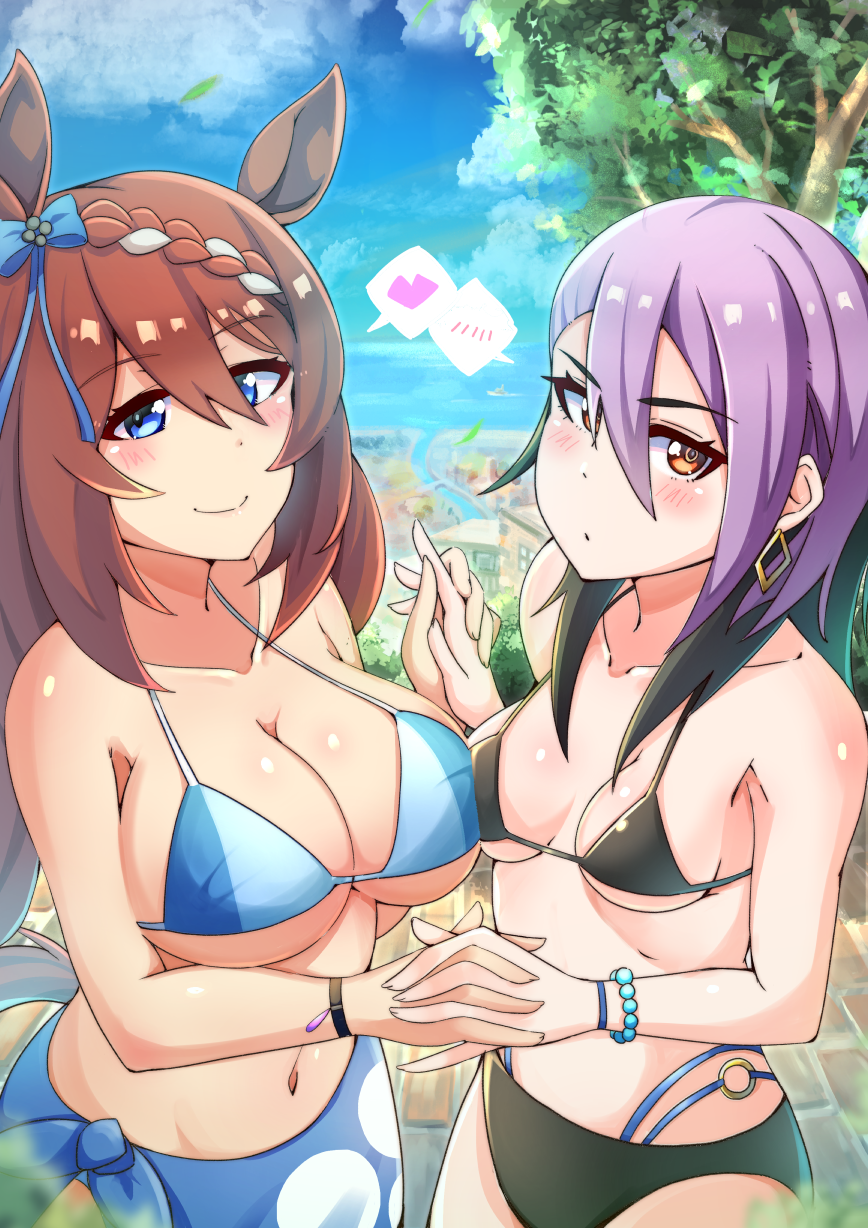 apoj, super creek (umamusume), umamusume, umamusume: cinderella gray, highres, 2girls, animal ears, bare shoulders, bikini, black bikini, black hair, blue bikini, blue ribbon, blue sky, braid, breasts, brown hair, cleavage, closed mouth, cloud, collarbone, earrings, hair ribbon, hands up, heart, holding hands, horse ears, horse girl, horse tail, jewelry, large breasts, long hair, looking at viewer, medium breasts, medium hair, multicolored hair, multiple girls, nase fumino, navel, outdoors, purple hair, red eyes, ribbon, sky, smile, spoken blush, spoken heart, stomach, swimsuit, tail, tree