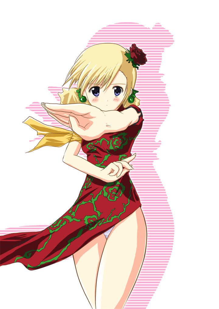 shitan, ursula leiden, final fantasy, final fantasy iv, final fantasy iv: the after years, 1990s (style), 1girl, blonde hair, china dress, chinese clothes, dress, female focus, fighting stance, flower, foreshortening, panties, purple eyes, rose, solo, underwear