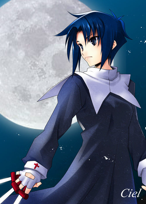 azu, ciel (tsukihime), tsukihime, habit, 00s, 1girl, between fingers, black keys (type-moon), blue eyes, blue hair, female focus, full moon, holding, matching hair/eyes, moon, short hair, sidelocks, solo