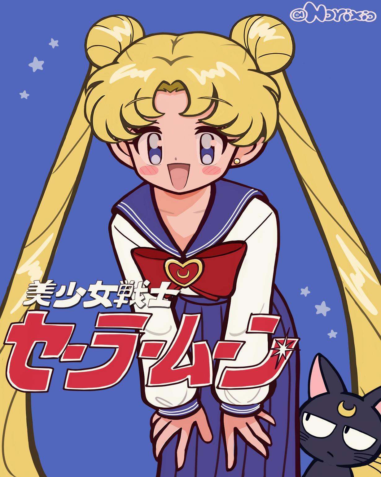 norixio, luna (sailor moon), tsukino usagi, bishoujo senshi sailor moon, highres, 1girl, :d, animal, artist name, black cat, blonde hair, blue background, blue eyes, blue sailor collar, blue skirt, blush stickers, bow, bowtie, cat, collarbone, copyright name, crescent, crescent facial mark, double bun, facial mark, forehead mark, hair bun, juuban middle school uniform, leaning forward, logo, long hair, looking at viewer, no dickey, open mouth, pleated skirt, red bow, red bowtie, sailor collar, school uniform, serafuku, shirt, skirt, smile, star (symbol), twintails, very long hair, whiskers, white shirt