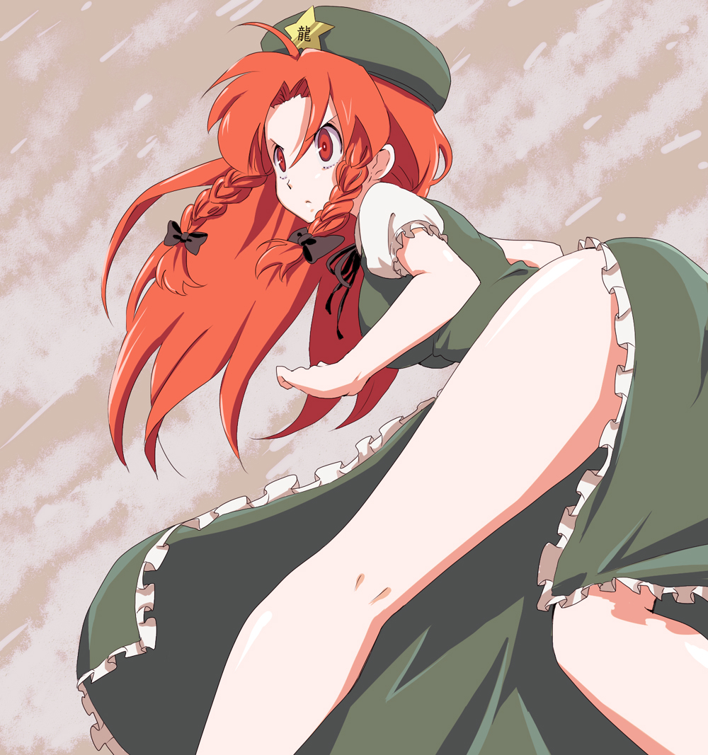 ica, inaka, hong meiling, immaterial and missing power, touhou, bad id, bad pixiv id, 1girl, bare legs, braid, china dress, chinese clothes, dress, female focus, frown, glaring, hat, kneepits, legs, long hair, no panties, red eyes, red hair, ribbon, side slit, solo, staring, twin braids