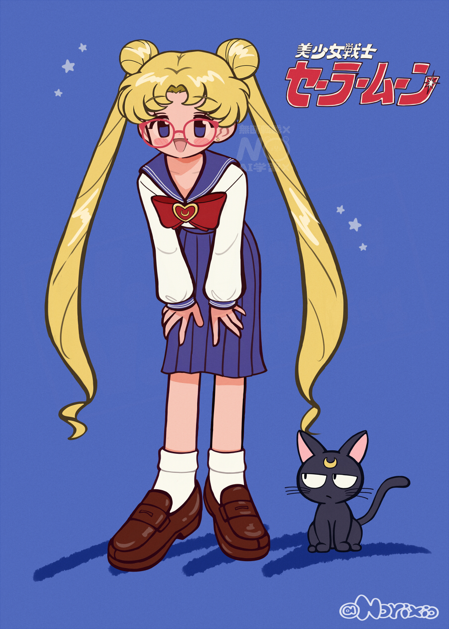 norixio, luna (sailor moon), tsukino usagi, bishoujo senshi sailor moon, highres, 1girl, artist name, black cat, blonde hair, blue eyes, blue sailor collar, blue skirt, blush stickers, bow, bowtie, cat, copyright logo, crescent, double bun, facial mark, forehead mark, full body, hair bun, juuban middle school uniform, leaning forward, loafers, logo, long hair, looking at another, looking at viewer, no dickey, open mouth, red-framed eyewear, red bow, red bowtie, sailor collar, school uniform, serafuku, shirt, shoes, skirt, socks, star (symbol), twintails, white shirt, white socks