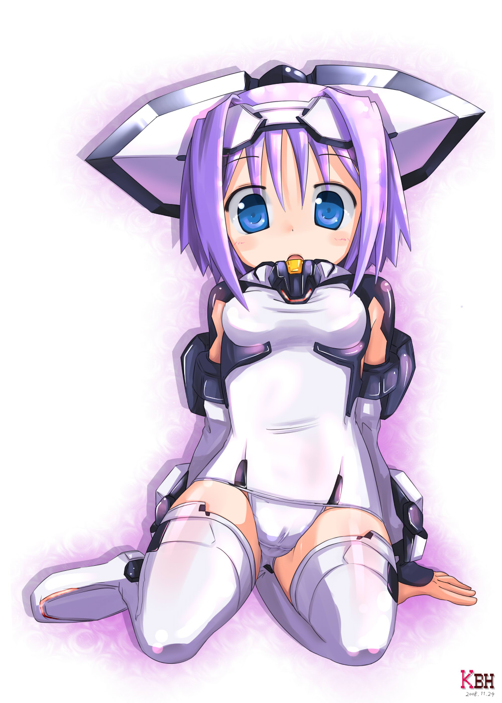 kazuboh, exelica, hiiragi tsukasa, lucky star, trigger heart exelica, pilot suit, highres, 1girl, :o, alternate costume, armor, blue eyes, blush, bodysuit, boots, breasts, cameltoe, cosplay, dated, detached sleeves, exelica (cosplay), female focus, full body, headgear, looking at viewer, one-piece swimsuit, open mouth, outline, panties, pantyshot, purple hair, school swimsuit, short hair, signature, sitting, small breasts, solo, swimsuit, swimsuit costume, thigh boots, thighhighs, underwear, white boots, white one-piece swimsuit, white school swimsuit, white thighhighs, yokozuwari