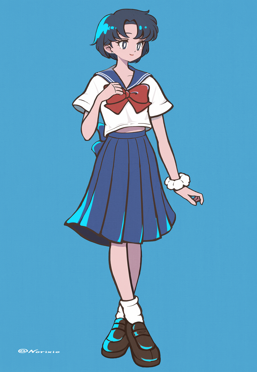 norixio, mizuno ami, bishoujo senshi sailor moon, highres, 1girl, arm at side, blue background, blue eyes, blue hair, blue sailor collar, blue skirt, blue theme, bow, brown shoes, closed mouth, earrings, full body, hand up, jewelry, juuban middle school uniform, loafers, looking to the side, medium skirt, midriff peek, parted bangs, pleated skirt, red bow, sailor collar, school uniform, scrunchie, serafuku, shirt, shoes, short hair, simple background, skirt, smile, socks, solo, standing, twitter username, white scrunchie, white shirt, white socks, wrist scrunchie