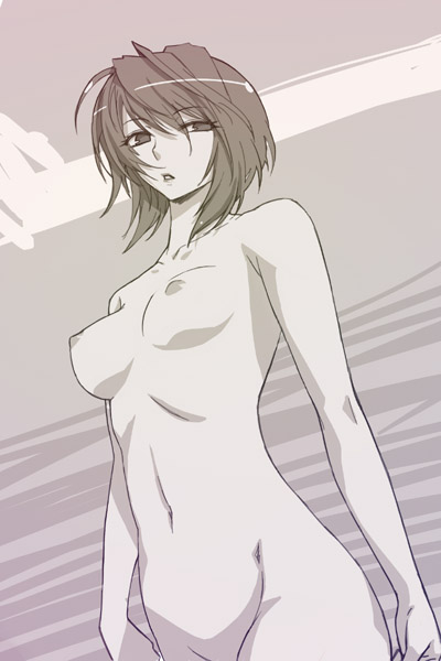 michael f91, original, 1girl, breasts, female focus, medium breasts, monochrome, nipples, nude, short hair, solo