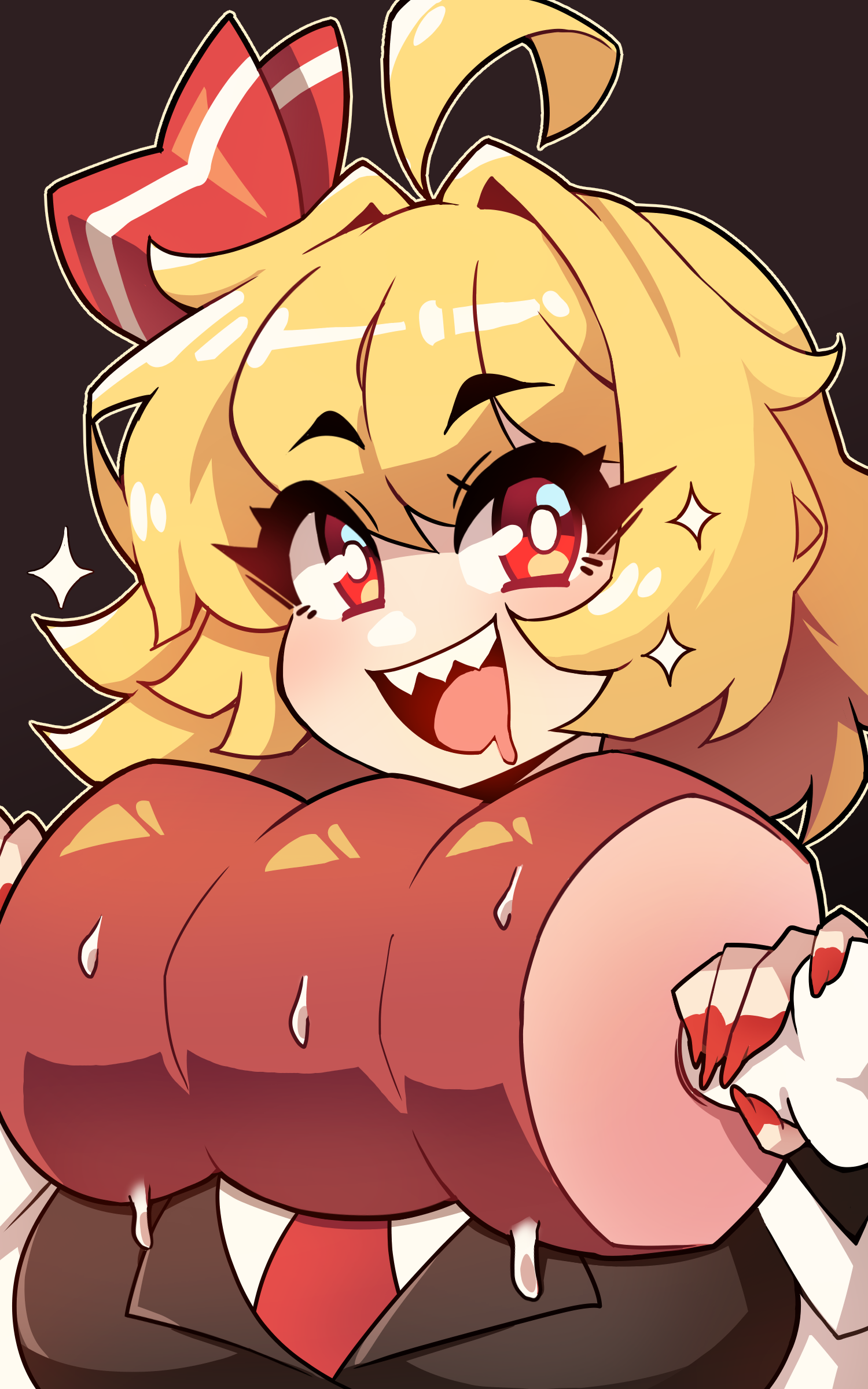 daigada, rumia, touhou, absurdres, highres, 1girl, :d, ahoge, black background, blonde hair, boned meat, bright pupils, fingernails, food, hair intakes, hat, hat ribbon, holding, holding food, long fingernails, looking at viewer, meat, open mouth, red eyes, red nails, red ribbon, ribbon, sharp teeth, short hair, simple background, smile, solo, teeth, upper body, upper teeth only, white pupils
