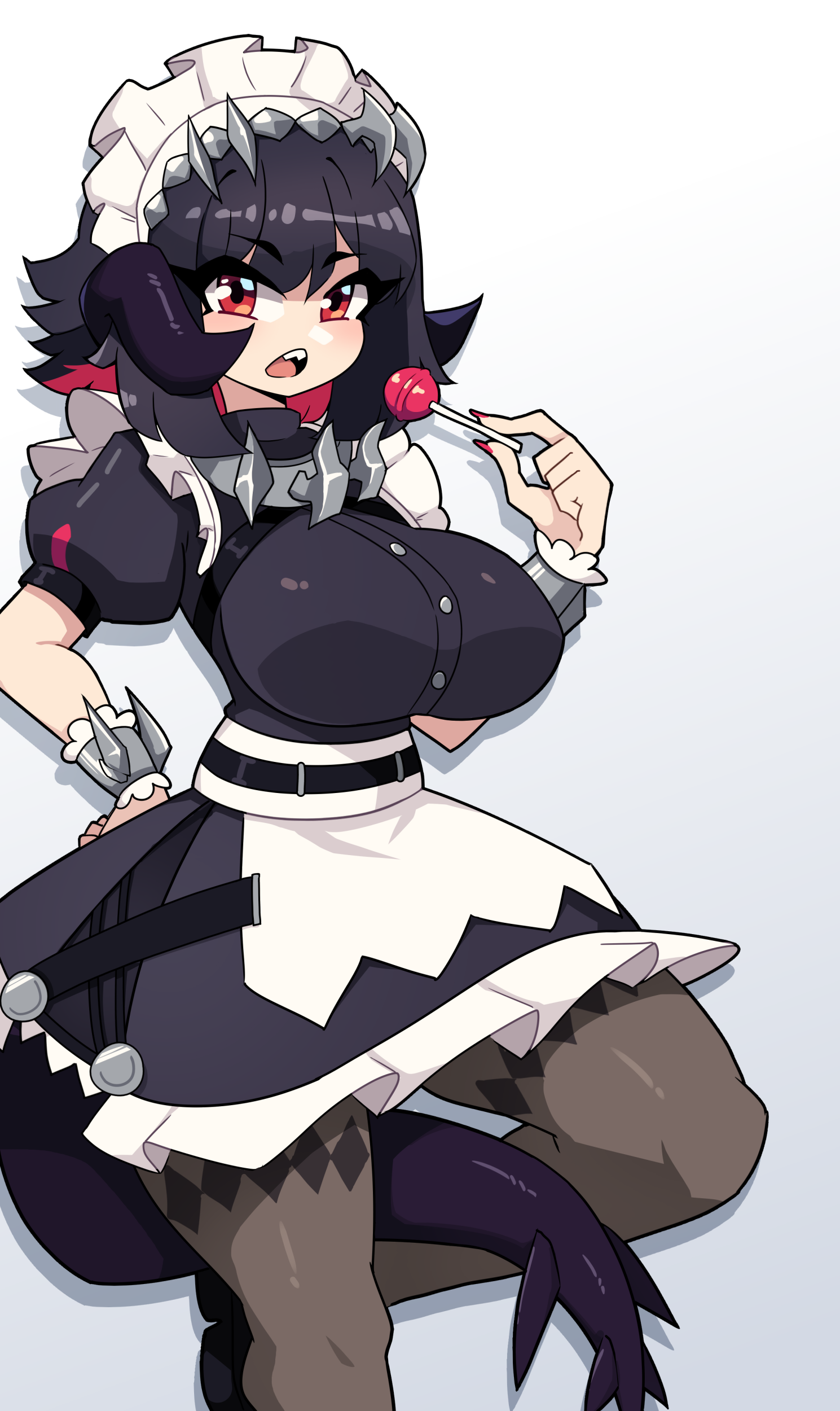 daigada, ellen joe, final fantasy, final fantasy xiv, original, zenless zone zero, absurdres, commission, highres, 1girl, au ra, black dress, black hair, black pantyhose, breasts, buttons, candy, cosplay, dress, ellen joe (cosplay), fins, fish tail, food, frilled wristband, frills, gradient background, grey background, hairband, hand on own hip, holding, holding candy, holding food, holding lollipop, huge breasts, lollipop, looking at viewer, maid headdress, metal hairband, multicolored hair, open mouth, pantyhose, pink hair, pink nails, red eyes, shark girl, shark tail, sharp teeth, short hair, solo, spiked hairband, spikes, tail, teeth, two-tone hair, white background, wristband