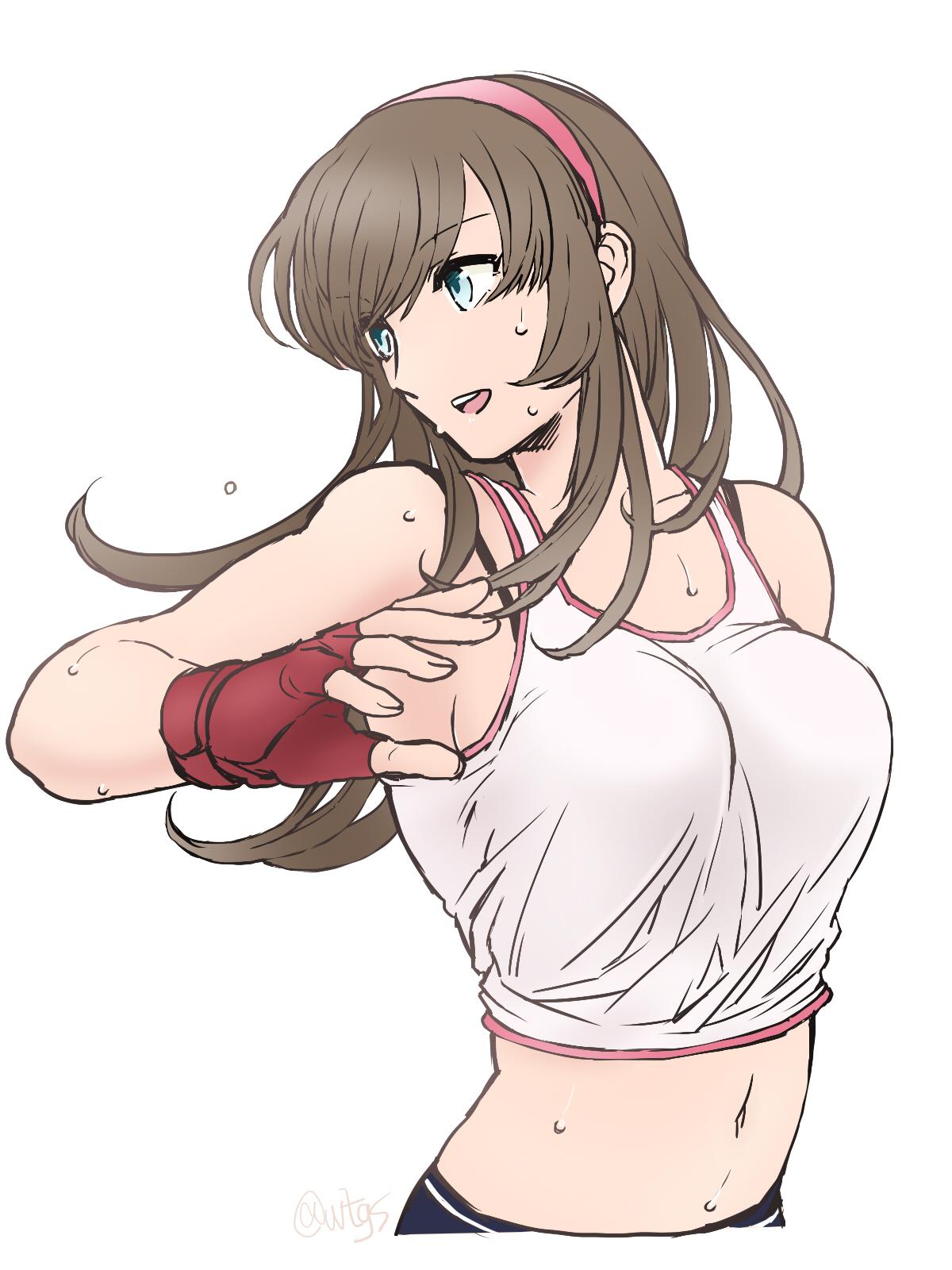 shinji (metal-chan), hitomi (doa), dead or alive, dead or alive 5, highres, blue eyes, bra strap, brown hair, denim, fingerless gloves, gloves, hairband, jeans, long hair, midriff, navel, open mouth, pants, pink hairband, red gloves, sidelocks, sweat, tank top, white tank top