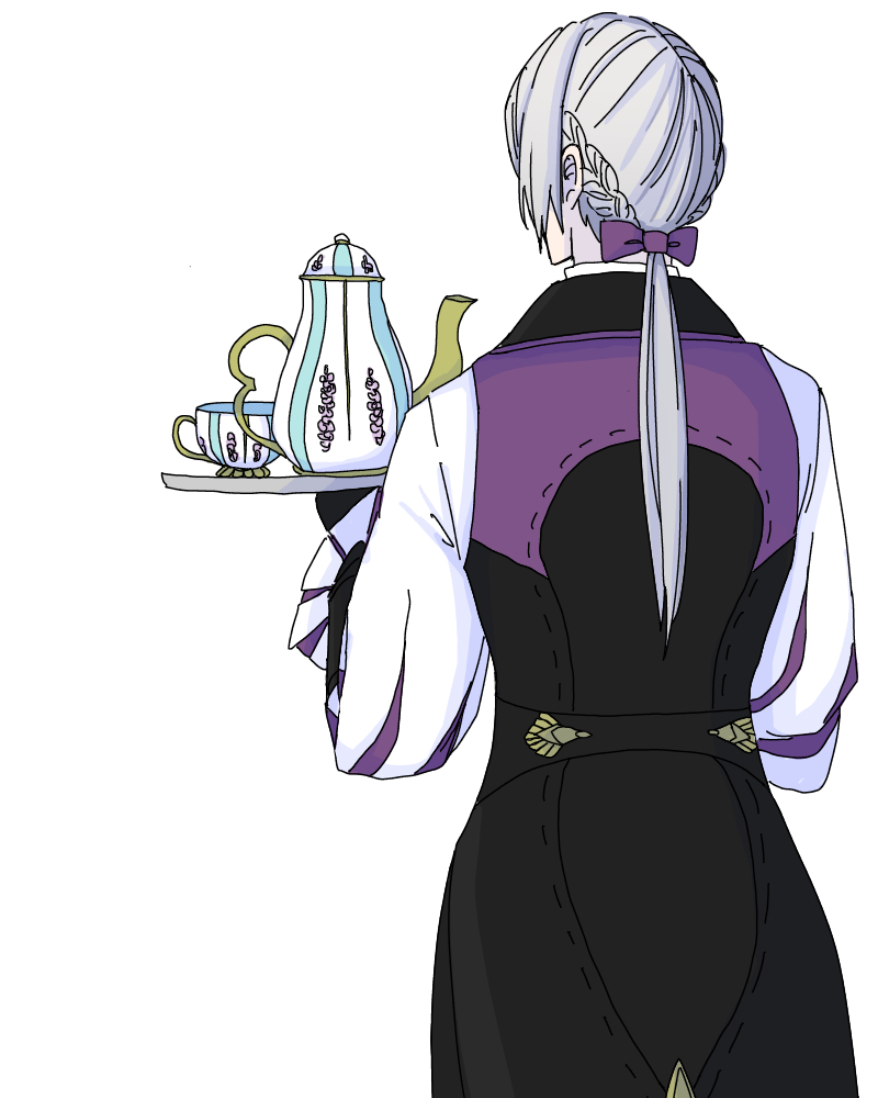 yuki12046, jakob (fire emblem), fire emblem, fire emblem fates, nintendo, 1boy, aristocratic clothes, bow, butler, from behind, grey hair, hair bow, long hair, low ponytail, male focus, nohrian butler uniform, ponytail, purple bow, solo, tea set, teapot, white hair